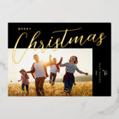メリークリスマスモダンブラック金ゴールドのスクリプト写真 箔シーズンカード (正面)