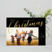 メリークリスマスモダンブラック金ゴールドのスクリプト写真 箔シーズンカード (立ち正面)