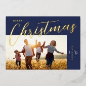 メリークリスマスモダンブルー金ゴールドのスクリプト写真 箔シーズンカード (正面)