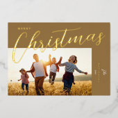 メリークリスマスモダンブロンズ金ゴールドのスクリプト写真 箔シーズンカード (正面)