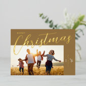 メリークリスマスモダンブロンズ金ゴールドのスクリプト写真 箔シーズンカード (立ち正面)