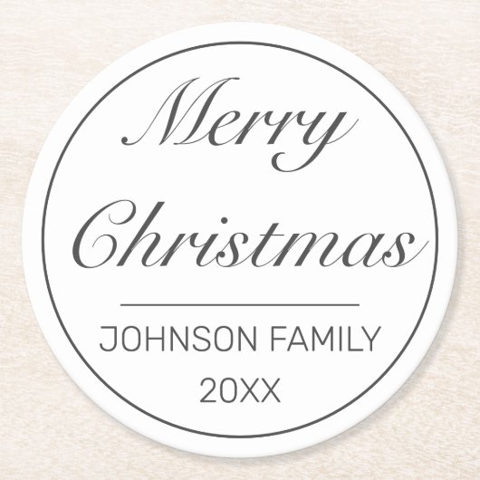 メリークリスマスモダンミニマリスト白ブラック ラウンドペーパーコースター (正面)