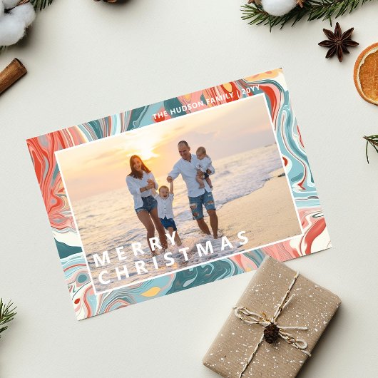 メリークリスマスモダンリキッド大理石フォトホリデー シーズンカード
