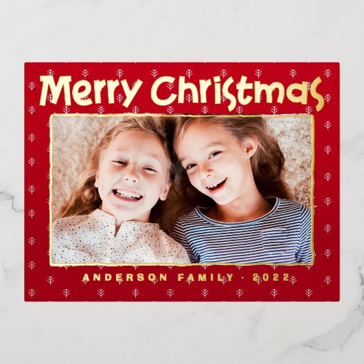 メリークリスマスモダンリーフのパターン家族の写真 箔シーズンポストカード (正面)