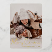 メリークリスマスモダンレッドのスクリプストライプト写真 箔シーズンカード (正面)