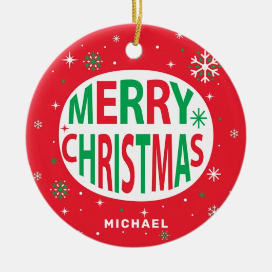 メリークリスマスモダンレッドホリデーパーソナライズされた セラミックオーナメント (正面)