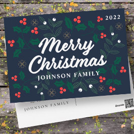 メリークリスマスモダンレッドホリーベリーの葉 シーズンポストカード