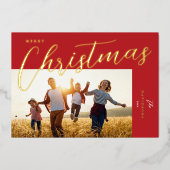 メリークリスマスモダンレッド金ゴールドのスクリプト写真 箔シーズンカード (正面)