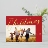メリークリスマスモダンレッド金ゴールドのスクリプト写真 箔シーズンカード (立ち正面)