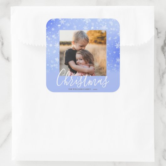 メリークリスマスモダン写真雪の冬の紫 スクエアシール (バッグ)