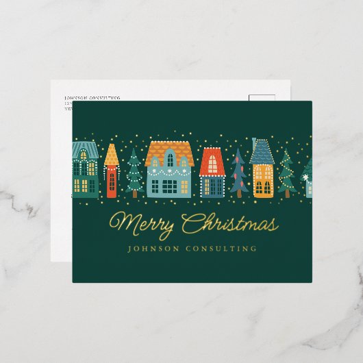 メリークリスマスモダン冬雪の村 箔シーズンポストカード (正面/裏面)