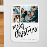 メリークリスマスモダン家族の写真コラージュ マグネット<br><div class="desc">メリモダンススタイリッシュクリスマス黒手書き書道台本3家族の写真シンプル白い休日の記念フェスティバルの磁石あなたの文字とカスタムしてパーソナライズされた。</div>