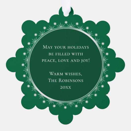 メリークリスマスモダン家族エレガントの写真グリーン オーナメントカード (裏面)