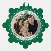 メリークリスマスモダン家族エレガントの写真グリーン オーナメントカード (正面)