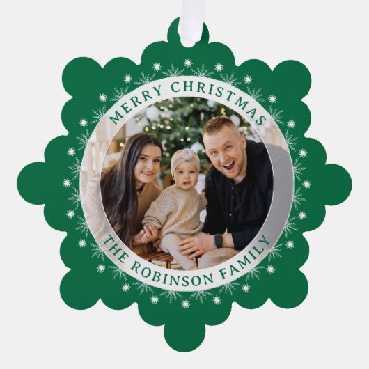 メリークリスマスモダン家族エレガントの写真グリーン オーナメントカード (正面)