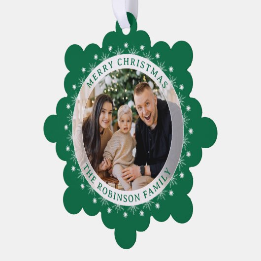 メリークリスマスモダン家族エレガントの写真グリーン オーナメントカード (左)