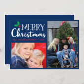 メリークリスマスモダン家族フォトブルーレッドグリーン シーズンカード (正面/裏面)