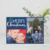 メリークリスマスモダン家族フォトブルーレッドグリーン シーズンカード (スタンド正面)