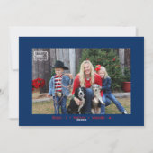 メリークリスマスモダン家族フォトブルーレッドグリーン シーズンカード (裏面)