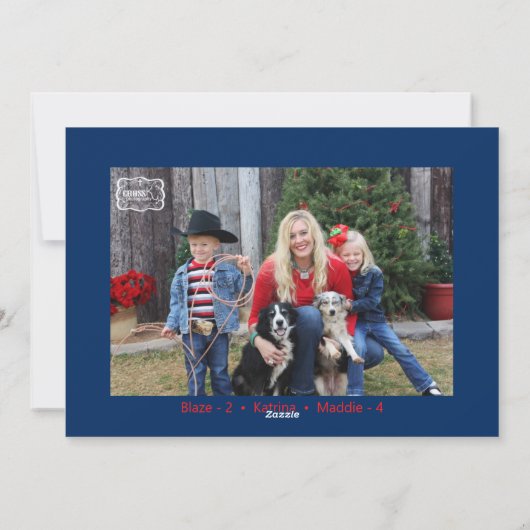 メリークリスマスモダン家族フォトブルーレッドグリーン シーズンカード (裏面)