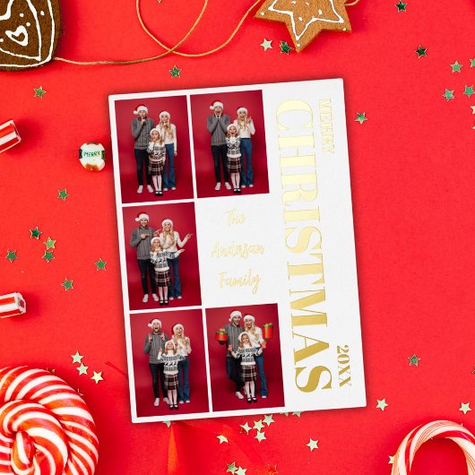 メリークリスマスモダン家族5フォトコラージュ金ゴールド 箔シーズンカード