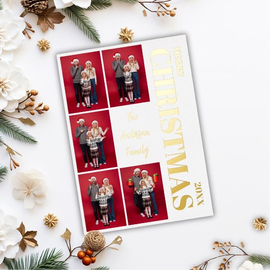 メリークリスマスモダン家族5フォトコラージュ金ゴールド 箔シーズンカード