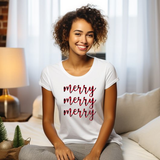 メリークリスマスモダン赤い台本かわいい女性 Tシャツ