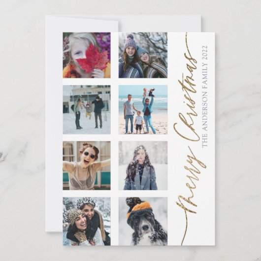 メリークリスマスモダン金ゴールドスクリプト8フォトコラージュ シーズンカード (正面)