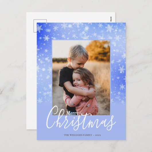 メリークリスマスモダン雪の冬の紫の写真 シーズンポストカード (正面/裏面)