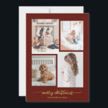 メリークリスマスモダン、Elegat Four Photo Collage シーズンカード<br><div class="desc">メリークリスマス エレガント| モダンFour Photo Collage Holiday Cardこのはシンプル、あなたの個人的な写真の4枚を重ね合わせお気に入りのた写真グリッドに取り入れた超超のホリデーカードである。マルーンと金ゴールドカードのデザインは、トレンディー手書きのスクリプトタイポグラフィでエレガント「メリークリスマス」と言い、あなたの名前の場所を持っているコーディネートsans serifフォント。</div>