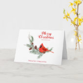 メリークリスマスモノグラムウォーターカラーパイン(鳥)ショウジョウコウカンチョウバード カード (黄色い花)