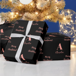メリークリスマスモノグラムネームブラックバラ金ゴールド ラッピングペーパー