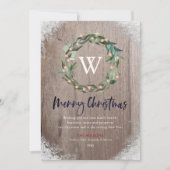 メリークリスマスモノグラムリースウッドフォトカード 招待状 (正面)