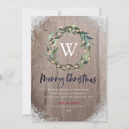 メリークリスマスモノグラムリースウッドフォトカード 招待状 (正面)