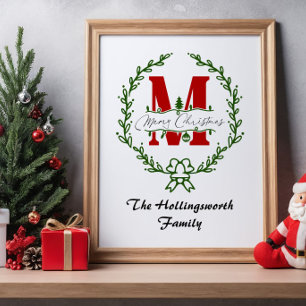 メリークリスマスモノグラムリースパーソナライズ ポスター