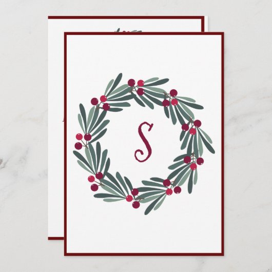 メリークリスマスモノグラムリースホリデーカード シーズンカード (正面/裏面)