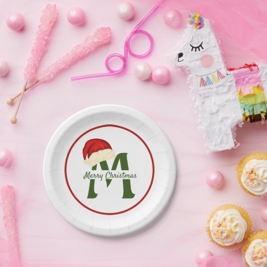 メリークリスマスモノグラム7インチラウンド紙プレート ペーパープレート (パーティー)