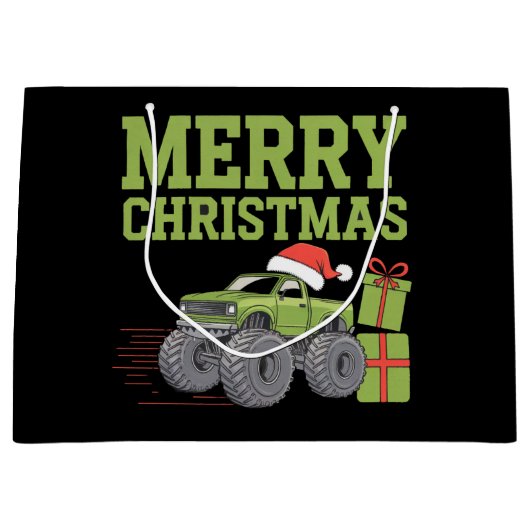 メリークリスマスモンスタートラック幼児の男の子クリスマス ラージペーパーバッグ (正面)