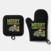 メリークリスマスモンスタートラック幼児の男の子クリスマス 鍋つかみ&鍋敷きセット (正面)