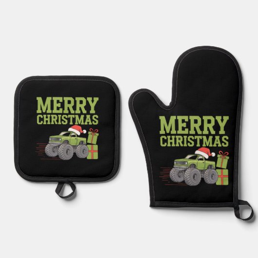 メリークリスマスモンスタートラック幼児の男の子クリスマス 鍋つかみ&鍋敷きセット (正面)