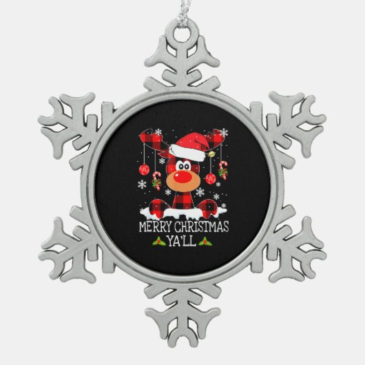 メリークリスマスヤllバッファローレッドプリドトナカイS スノーフレークピューターオーナメント (正面)