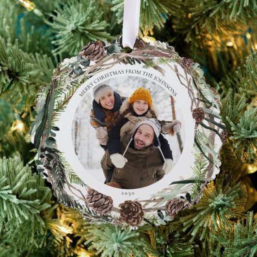 メリークリスマスユーカリプトゥスウィンターフォトリース オーナメントカード (インサイチュ (木))