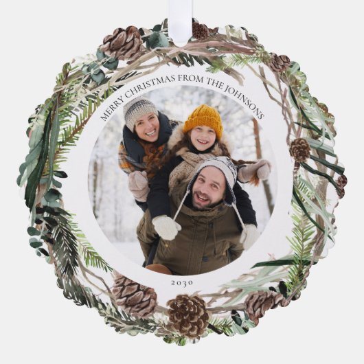 メリークリスマスユーカリプトゥスウィンターフォトリース オーナメントカード (正面)