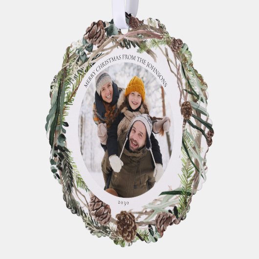 メリークリスマスユーカリプトゥスウィンターフォトリース オーナメントカード (左)