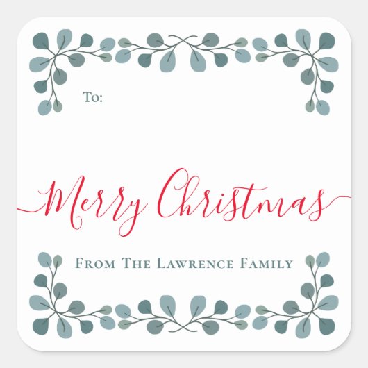 メリークリスマスユーカリ葉スホリデーギフトラベル スクエアシール (正面)