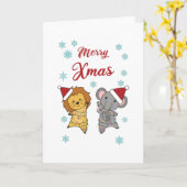 メリークリスマスライオンが雪を落とす冬可愛い カード (黄色い花)
