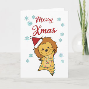 メリークリスマスライオンスノー大きな猫フェアリーライト カード