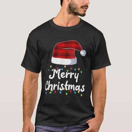 メリークリスマスライトかわいい赤い格子柄サンタスハットF Tシャツ (正面)