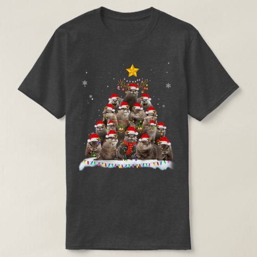 メリークリスマスライトツリーオッタサンタデコレーション Tシャツ (デザイン正面)
