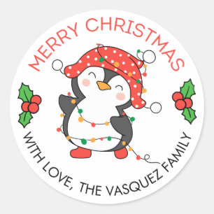 メリークリスマスライトペンギンのステッカーラベル ラウンドシール